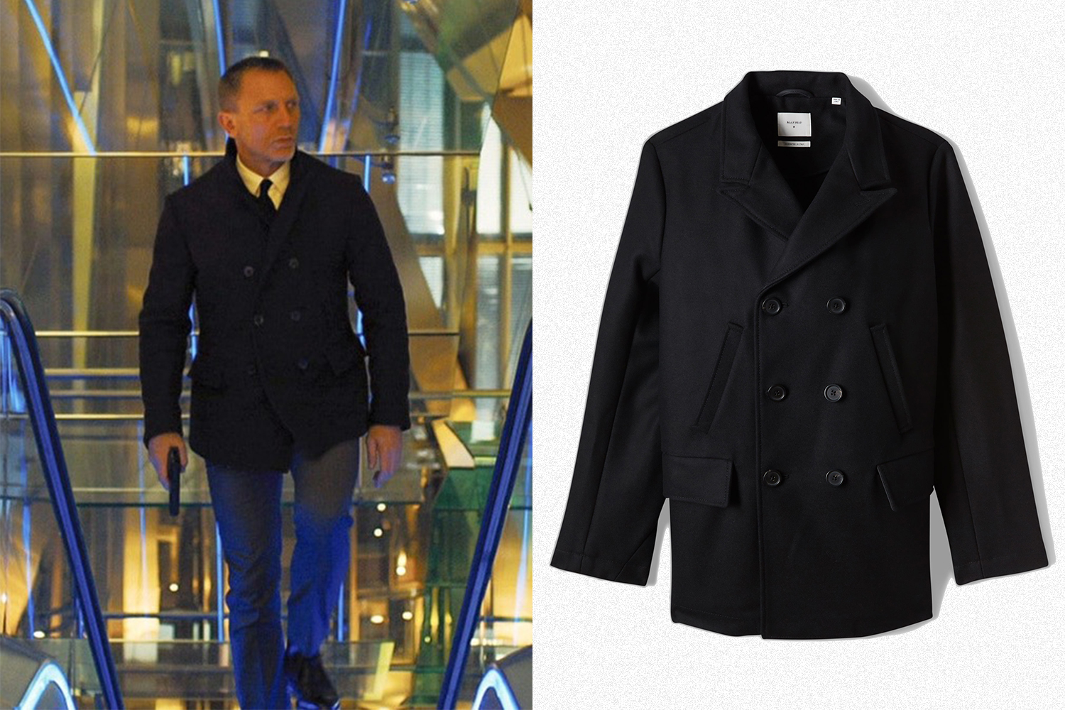 Daniel Craig 007 in the James Bond movie Skyfall on the left, the right is the peacoat he's wearing, the black Bond Peacoat from Billy Reid