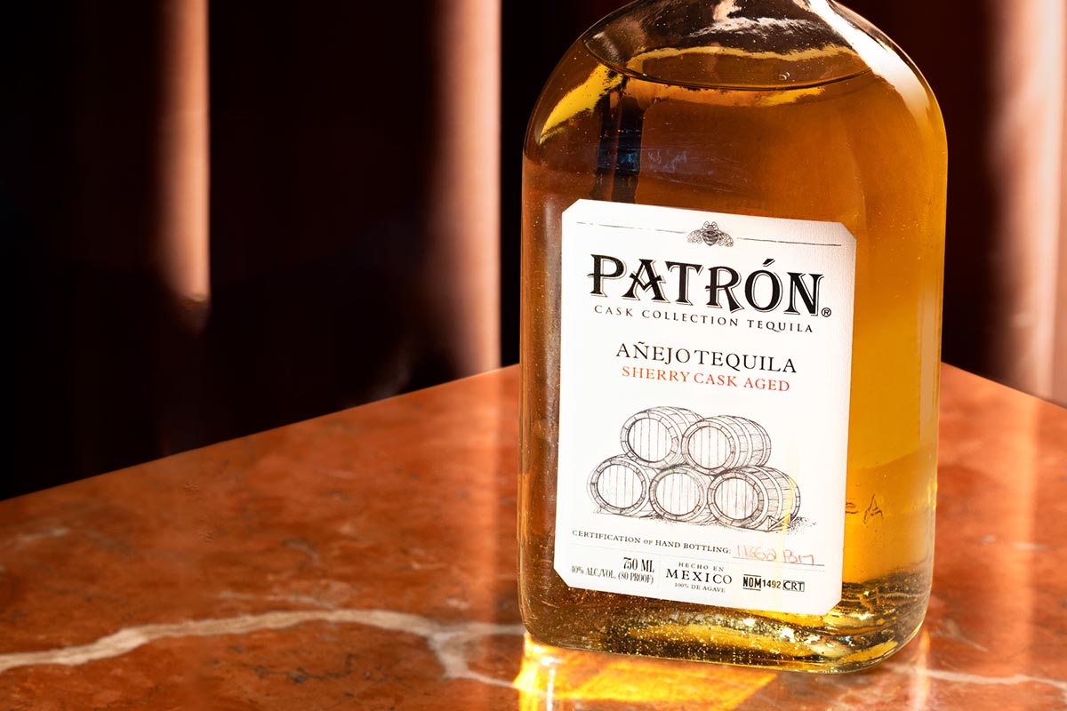 A bottle of Patrón Sherry Cask Añejo, a new trend of aging tequila in different barrels