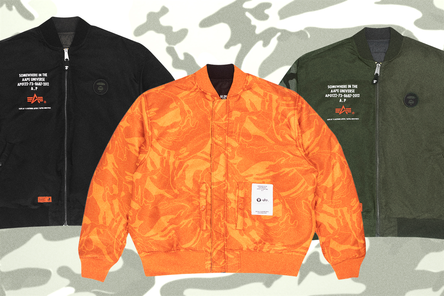 Alpha Industries x AAPE collab capsule collection MA-1 bomber jackets