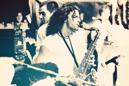 Peter Gabriel and Tim Cappello perform on stage at Knebworth House, near Stevenage, Hertfordshire, United Kingdom, on September 9th, 1978.