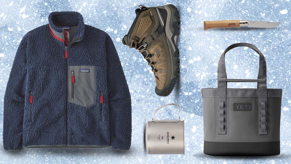 a collage of outdoor gifts on an icy blue background