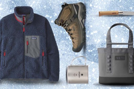 a collage of outdoor gifts on an icy blue background