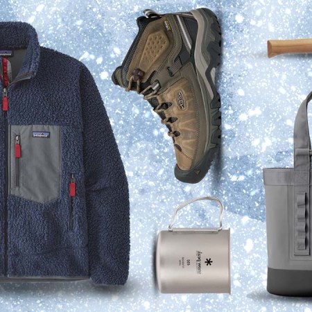 a collage of outdoor gifts on an icy blue background