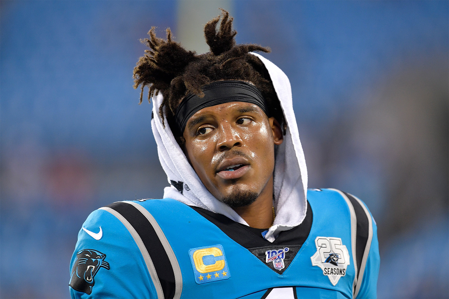 Cam Newton #1 of the Carolina Panthers against the Tampa Bay Buccaneers during the first quarter of their game at Bank of America Stadium on September 12, 2019 in Charlotte, North Carolina.