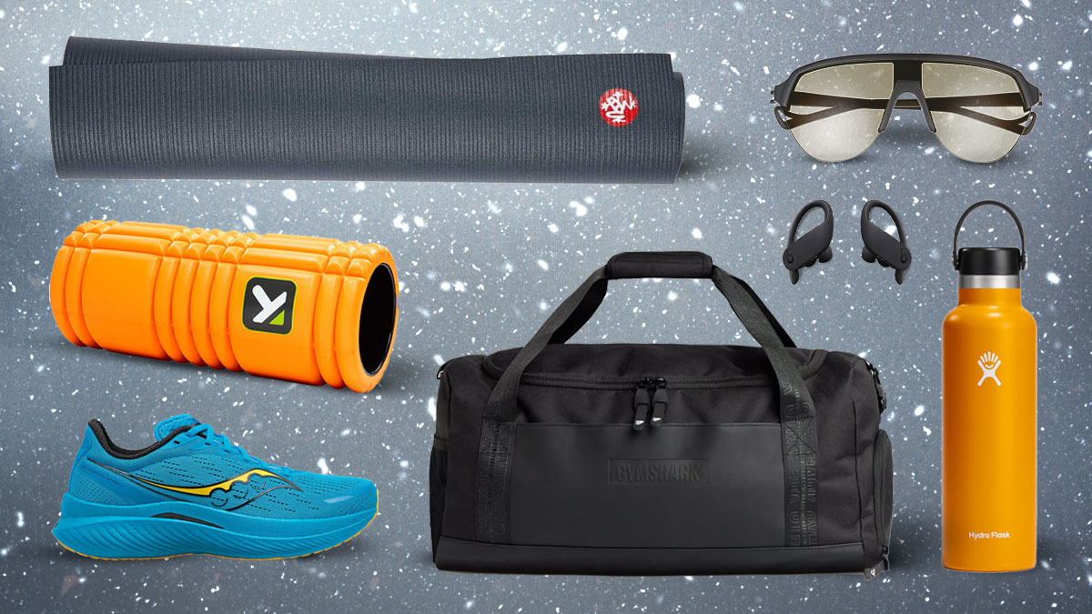 A collage of Fitness gifts on a steely grey flecked background