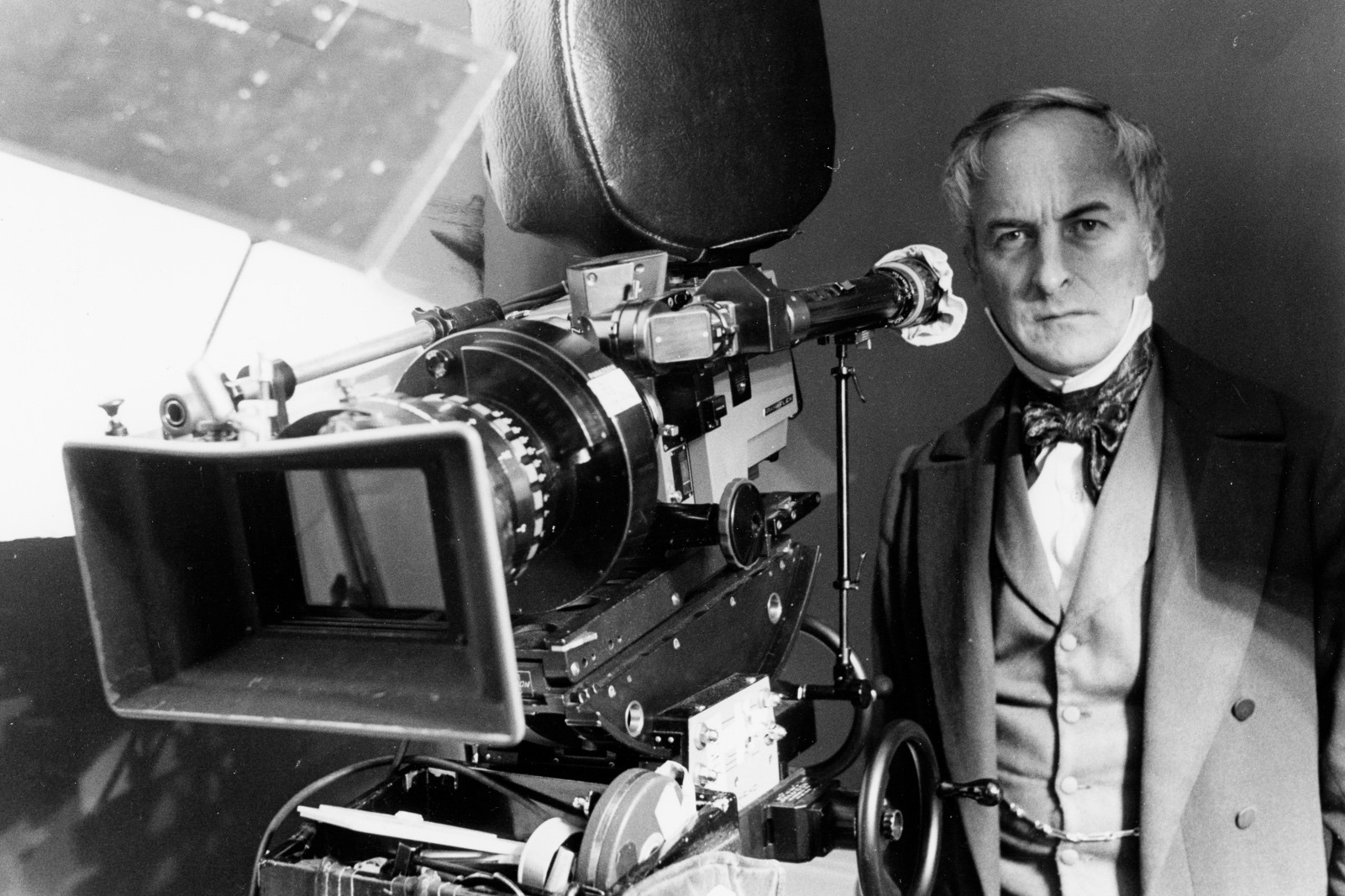 james ivory on the set of "the europeans" in 1979, dressed in an 1850s costume to match the actors on screen