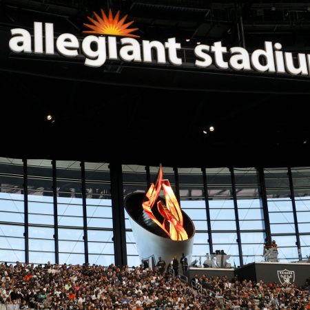 Fans sit in front of the Al Davis Memorial Torch at Allegiant Stadium. Las Vegas has the most expensive football viewing experience, according to a new study.