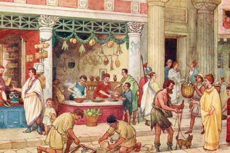 The Roman Empire - street scene with vendors. Produce, food, crafts, market, book seller, merchant, merchants, guard, guards, toga, togas.