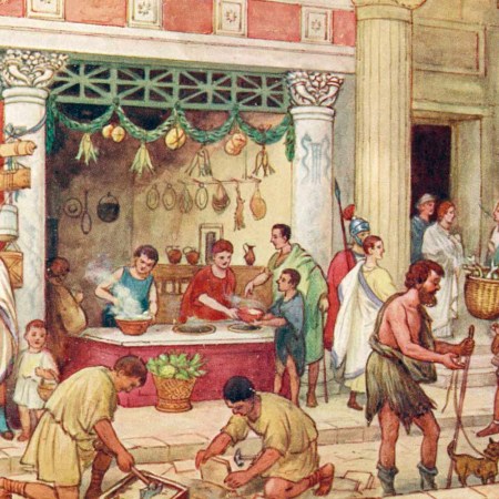 The Roman Empire - street scene with vendors. Produce, food, crafts, market, book seller, merchant, merchants, guard, guards, toga, togas.