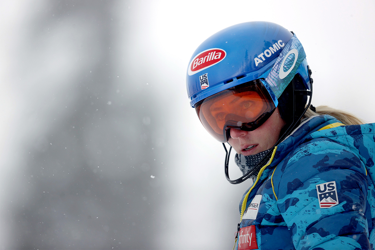 Mikaela Shiffrin wearing ski goggles.