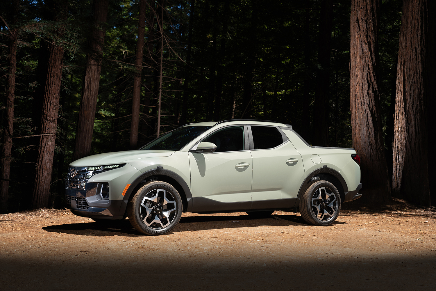 The 2022 Hyundai Santa Cruz, a new small pickup truck for the American market, sitting in an illuminated spot in the middle of a forest