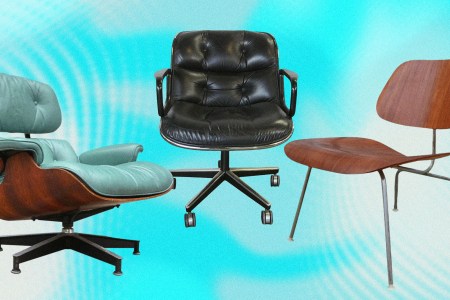 An Eames Lounge Chair, Eames Pollock Desk Chair and Eames LCM Chair, all restored by Patina NYC