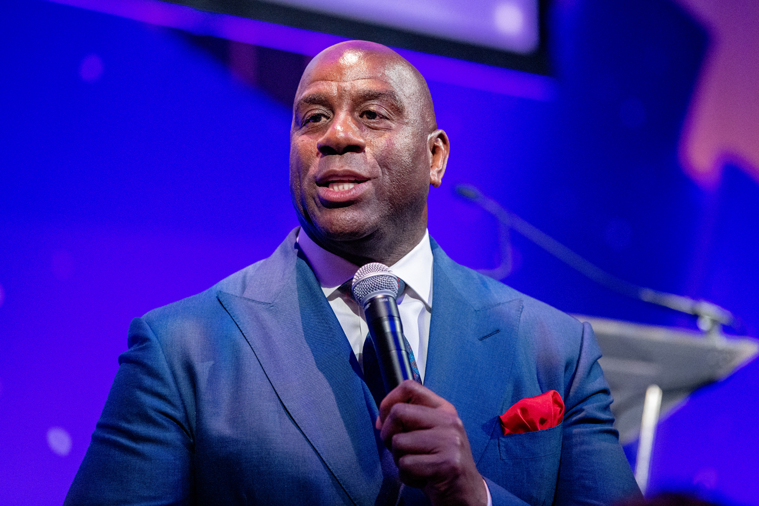 Magic Johnson on stage during the 29th Annual Achilles Gala Honoring president and CEO of Cinga David Cordani with "Volunteer of the Year Award" on November 20, 2019 in New York City.