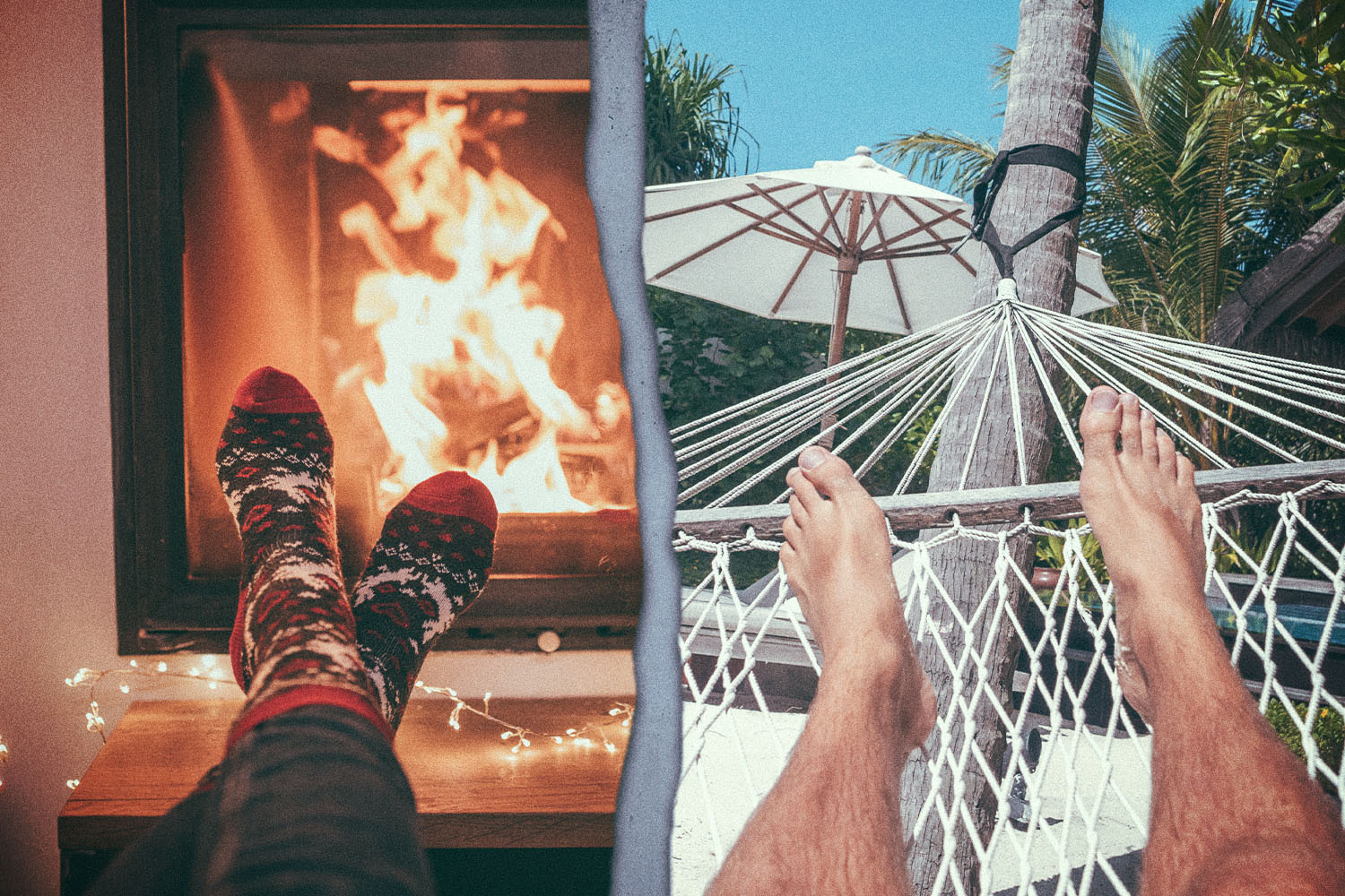 Side-by-side photos show a pair of feet in front of a fire place and stretched out on a hamock at the beach