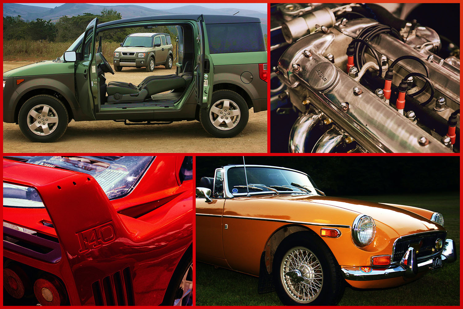 A photo of a Honda Element, Jaguar engine, 1972 MGB and Ferrari F40