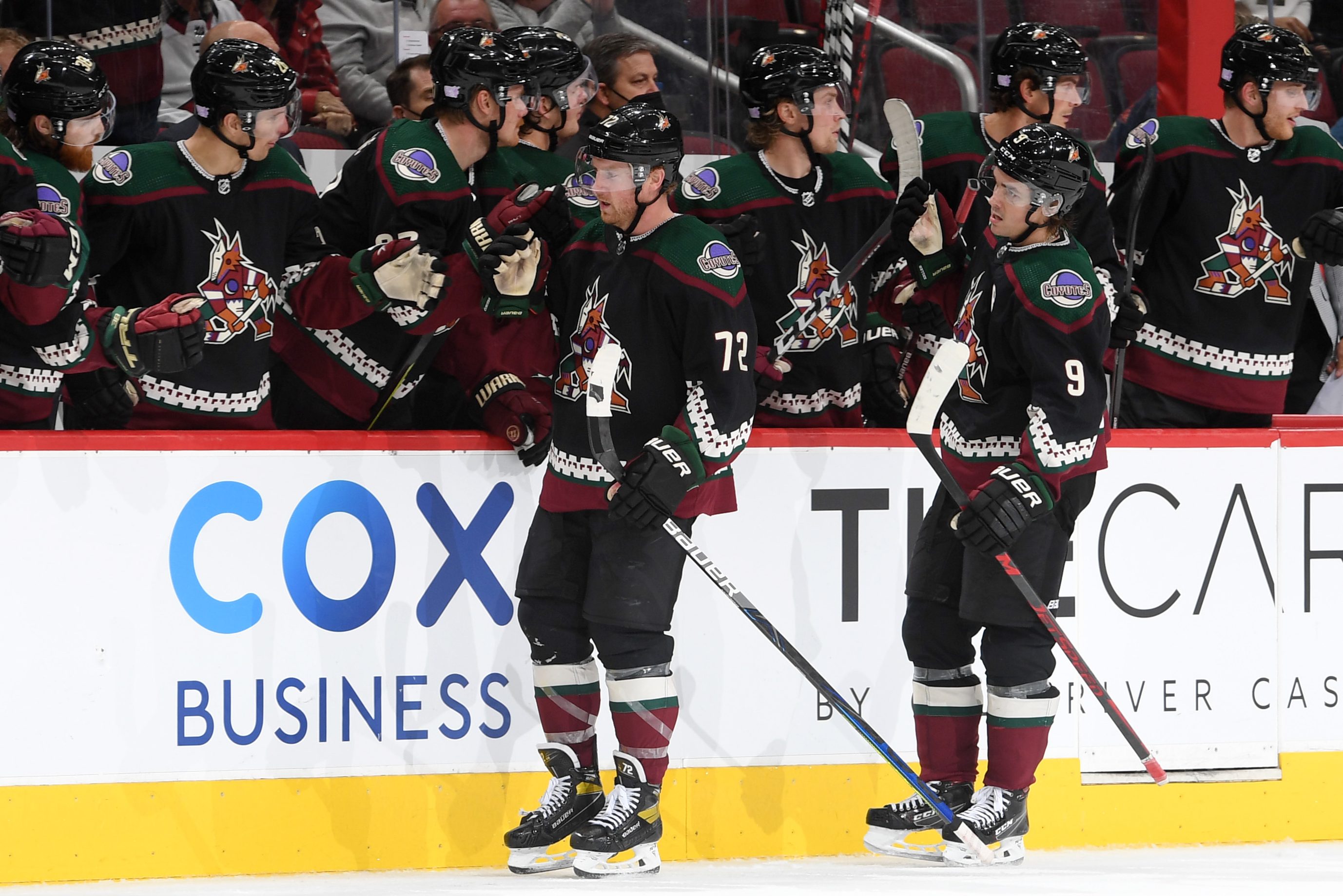 Travis Boyd of the Arizona Coyotes celebrates with teammates on the bench after scoring a goal at Gila River Arena