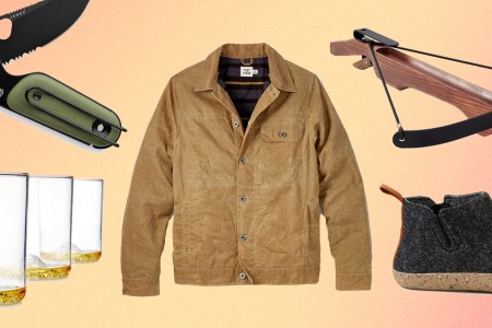 Five gifts you can still order from Huckberry in time for Christmas 2021, including a Flint and Tinder Waxed Trucker Jacket, Whiskey Peaks glasses, a marshmallow crossbow, Greys slipper boot and the Redstone knife from The James Brand