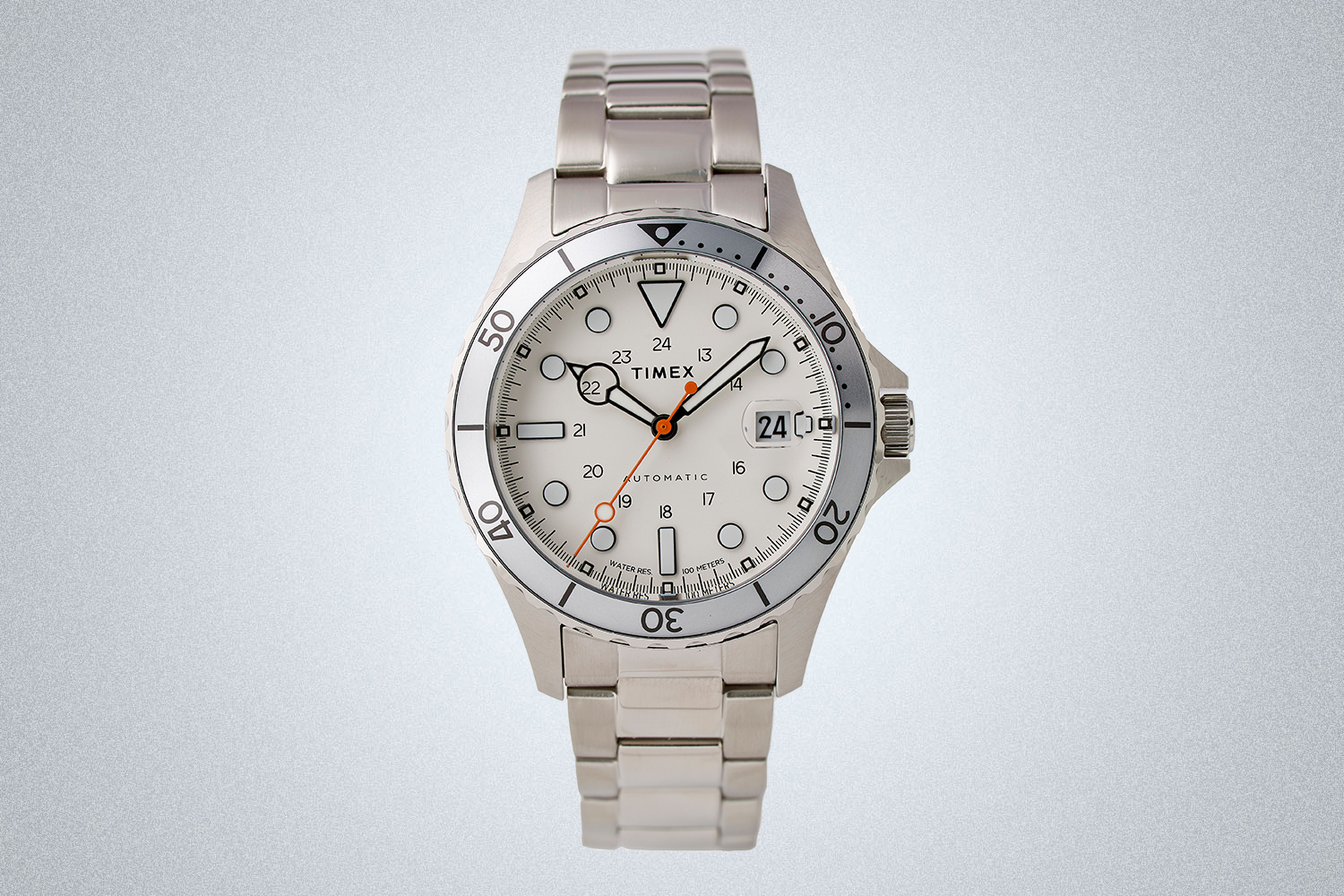 The Huckberry x Timex Navi XL Automatic Arctic watch, a collaboration between the two brands released in December 2021