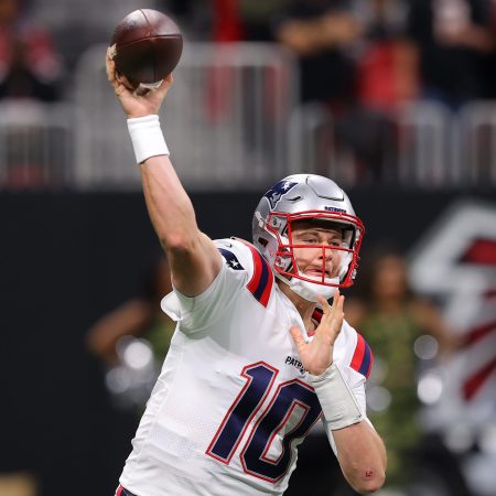 Mac Jones of the Patriots throws a pass against the Atlanta Falcons. Jones has filed for Tom Brady-esque "MJ10" trademark