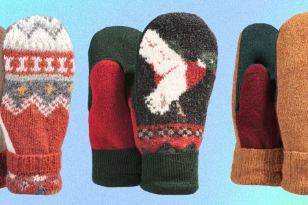 Three pairs of upcycled mittens from Outerknown's Project Vermont. They're made of repurposed wool sweaters by Lise-Anne Cooledge and her team of crafters, and inspired by the Bernie Sanders mitten meme.