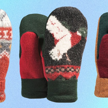 Three pairs of upcycled mittens from Outerknown's Project Vermont. They're made of repurposed wool sweaters by Lise-Anne Cooledge and her team of crafters, and inspired by the Bernie Sanders mitten meme.