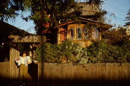 American chef and restaurateur Alice Waters stands outside of Chez Panisse in Berkeley in 1982