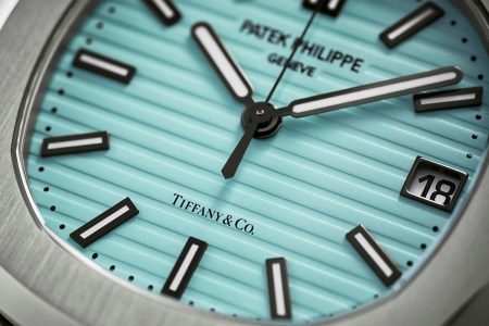 A close-up of the Tiffany Blue dial on the new limited-edition Patek Philippe Nautilus ref. 5711, the last of the iconic timepieces, released in December 2021