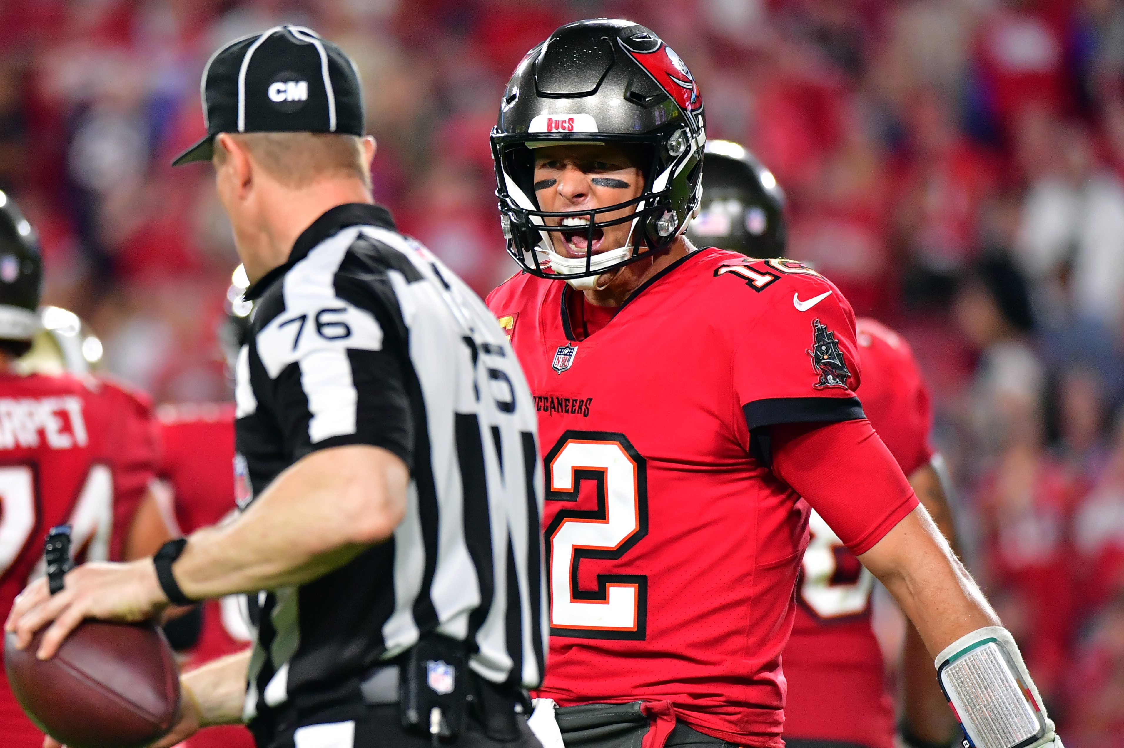 Tom Brady of the Buccaneers yells at a referee during the 4th quarter of a game against the Saints. The QB has been accused of acting less than graciously during the recent loss.