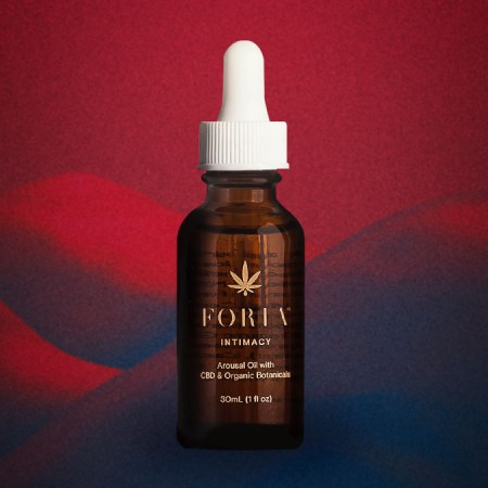 Foria's Awaken Arousal Oil on a red and black background.