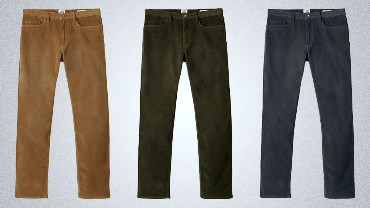 a composite image of 3 corduroy pants from Flint and Tinder