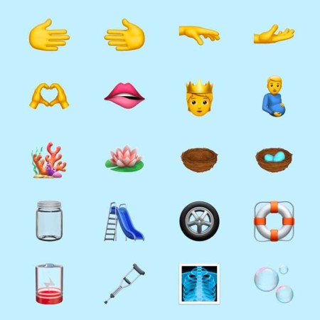 The 37 new emojis in iOS 15.4 on a light blue background.