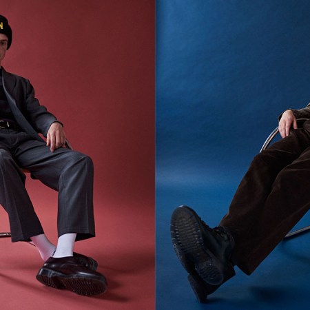 Two side-by-side shots of models sitting down, wearing Noah NY clothing against a navy and red backdrop