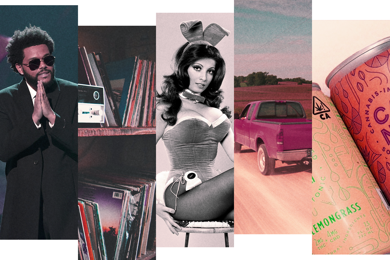 From left: The Weeknd giving an acceptance speech, a stack of records, a vintage photo of a Playboy bunny, a pickup truck and a can of CBD soda