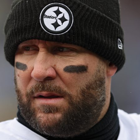 Ben Roethlisberger of the Pittsburgh Steelers looks on against the Ravens. The Steelers QB should pass two other famous quarterbacks for playoff passing yardage this weekend.