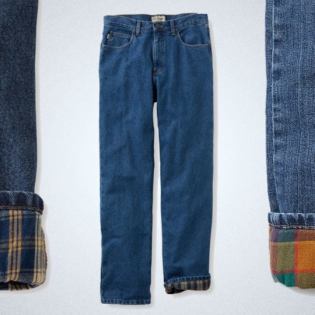 A close-up of the flannel lining on men's jeans from L.L. Bean and Eddie Bauer, and a full shot of a pair from L.L. Bean. We tested the most popular flannel lined jeans to find the best pair for men.