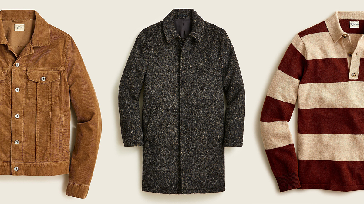 A men's trucker jacket, a car coat in wool and a rugby stripe seater, all of which are on sale at J.Crew in January 2022