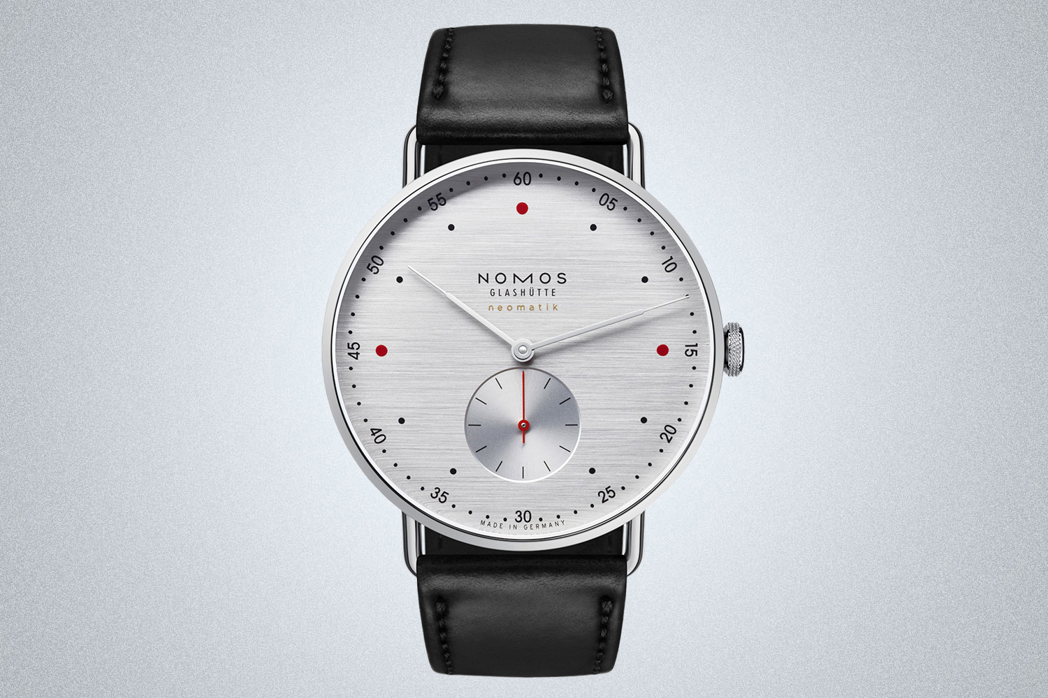 The Nomos Glashütte Metro Neomatik men's watch with lipstick red accents