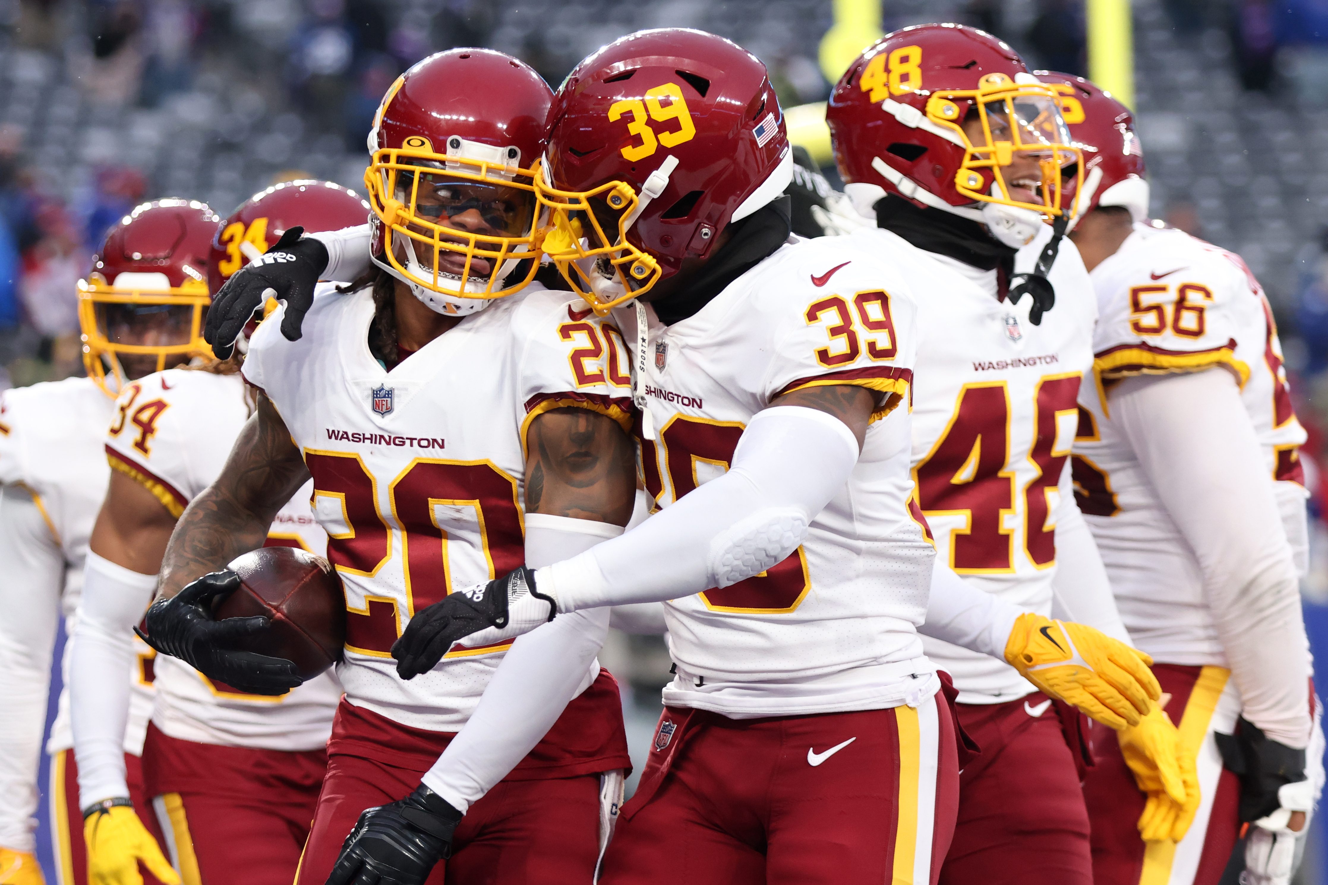 Bobby McCain of the Washington Football Team celebrates after getting an interception. What will the new name of the Washington Football Team be? Fans have on answer.