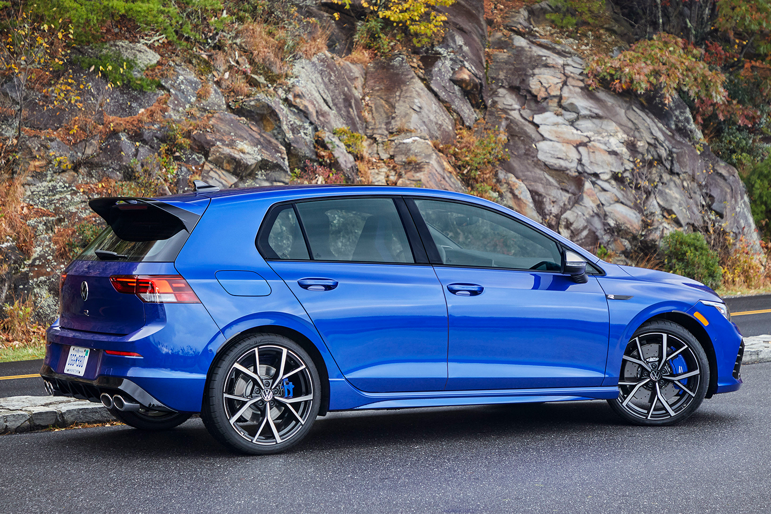 The 2022 Volkswagen Golf R hot hatch in blue.