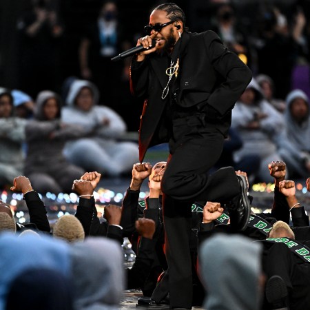 Kendrick Lamar performs during halftime in Super Bowl LVI at SoFi Stadium on Feb. 13, 2022.