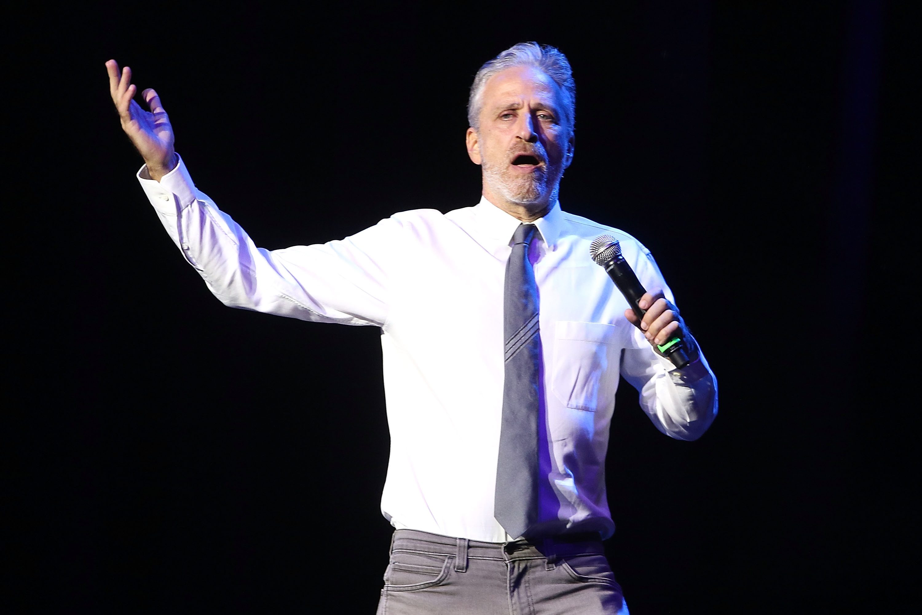 Jon Stewart attends 10th Annual Stand Up For Heroes Show at Madison Square Garden on November 1, 2016 in New York City. Stewart recently said artists like Neil Young leaving Spotify over Joe Rogan's podcast is an overreaction.