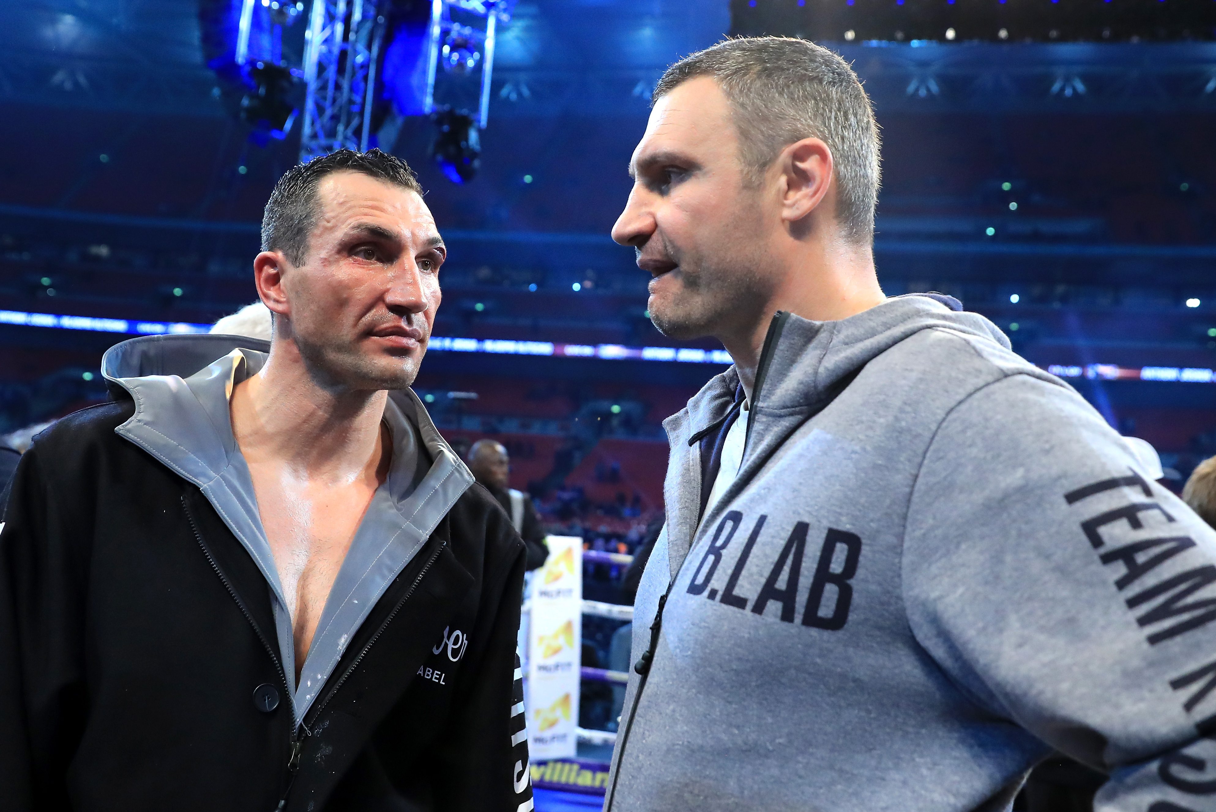 Wladimir Klitschko (L) and his brother Vitali Klitschko speak at Wembley Stadium in 2017 in London. Ex-Heavyweight Champion Klitschko Brothers Planning to Fight For Ukraine