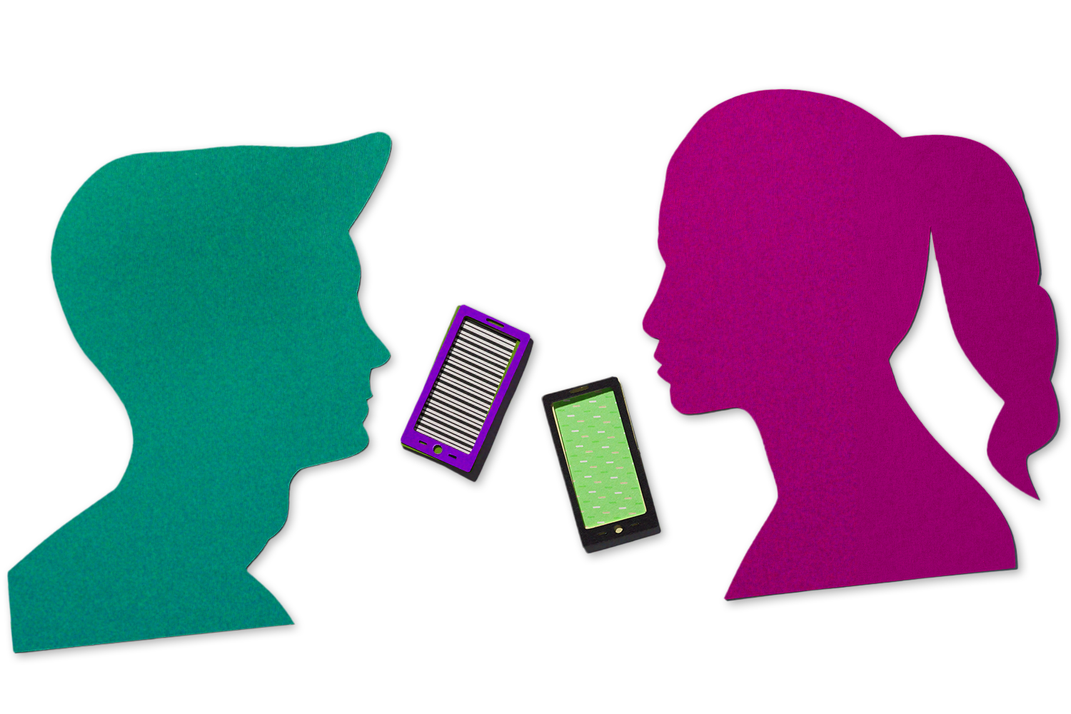 Two phones in between a green silhouette of a man's head and a purple silhouette of a woman's head on a transparent background