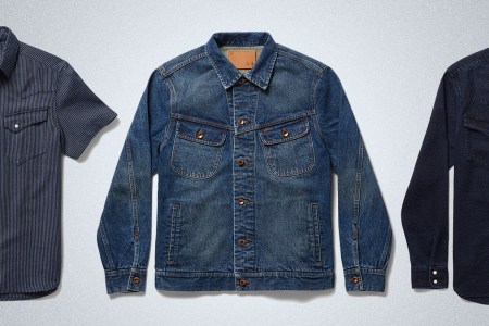 A men's short-sleeve Western shirt, denim jacket and long-sleeve Western shirt, all from the new Indigo Collection by Huckberry and Taylor Stitch