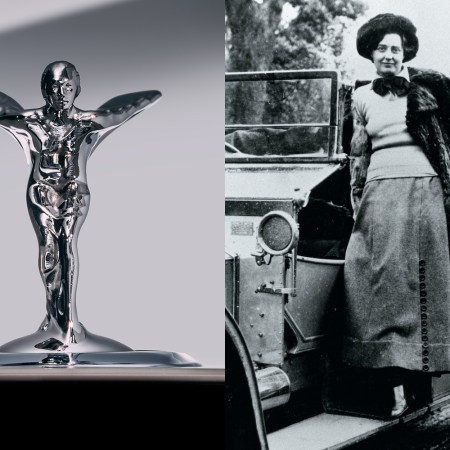 On the left, the redesigned Spirit of Ecstasy automotive mascot, or hood ornament, introduced by Rolls-Royce Motor Cars in 2022. On the right, Eleanor Thornton, who lived from 1880 to 1915, and was the inspiration behind the figurine.