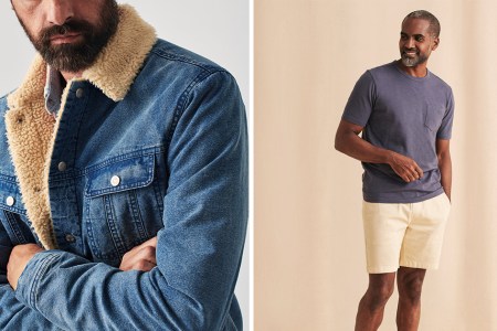 A man wearing Faherty's sherpa-lined denim jacket and the brand's Essential Shorts. The clothing company is throwing an End of Season Sale over President's Day weekend in February 2022. We've rounded up the best deals.