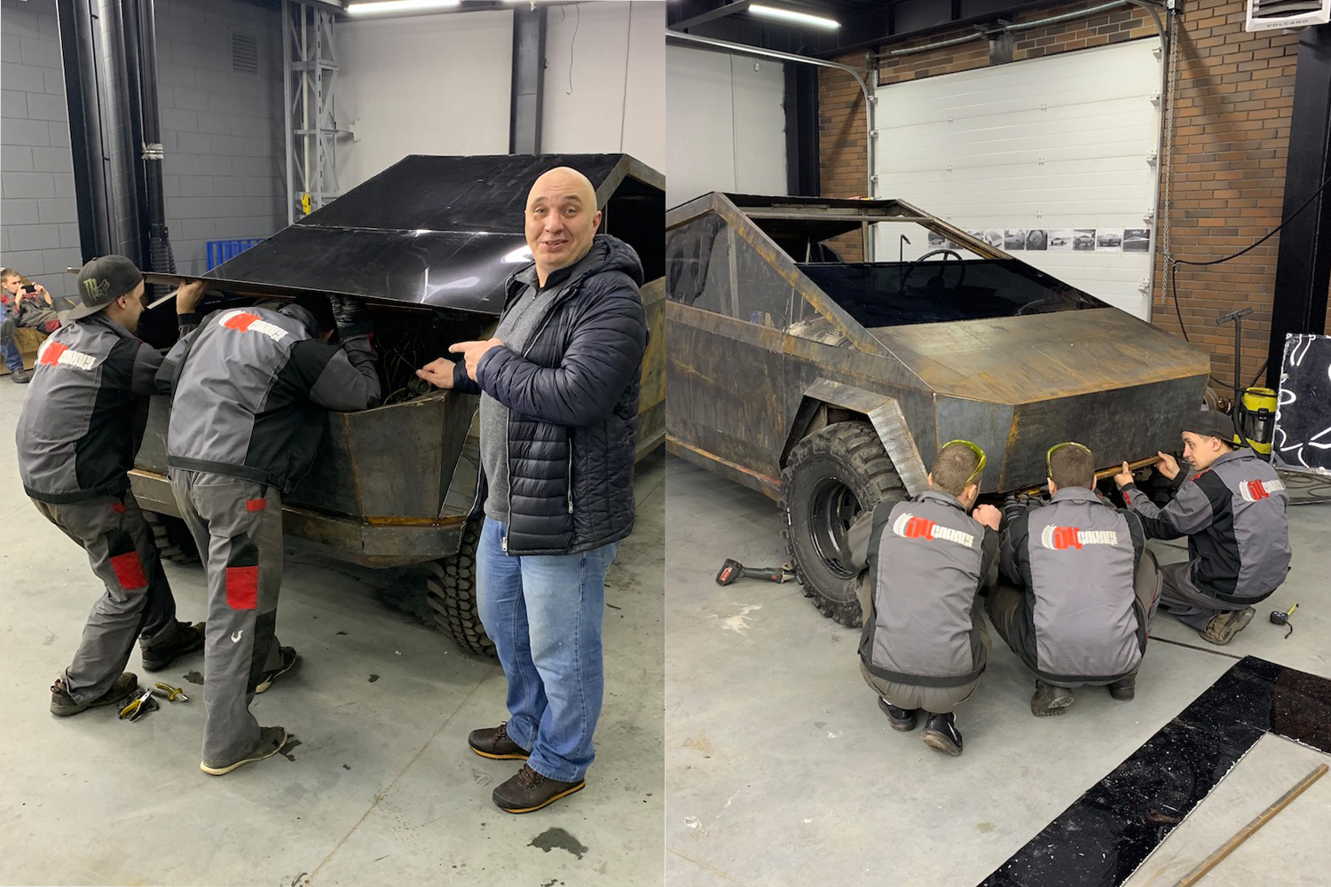 Garage 54 YouTube host Vladislav Barashenkov showing off his team's Cybertruck replica. In the second photo, mechanics from Garage 54 work on the UAZ-based Cybertruck build.