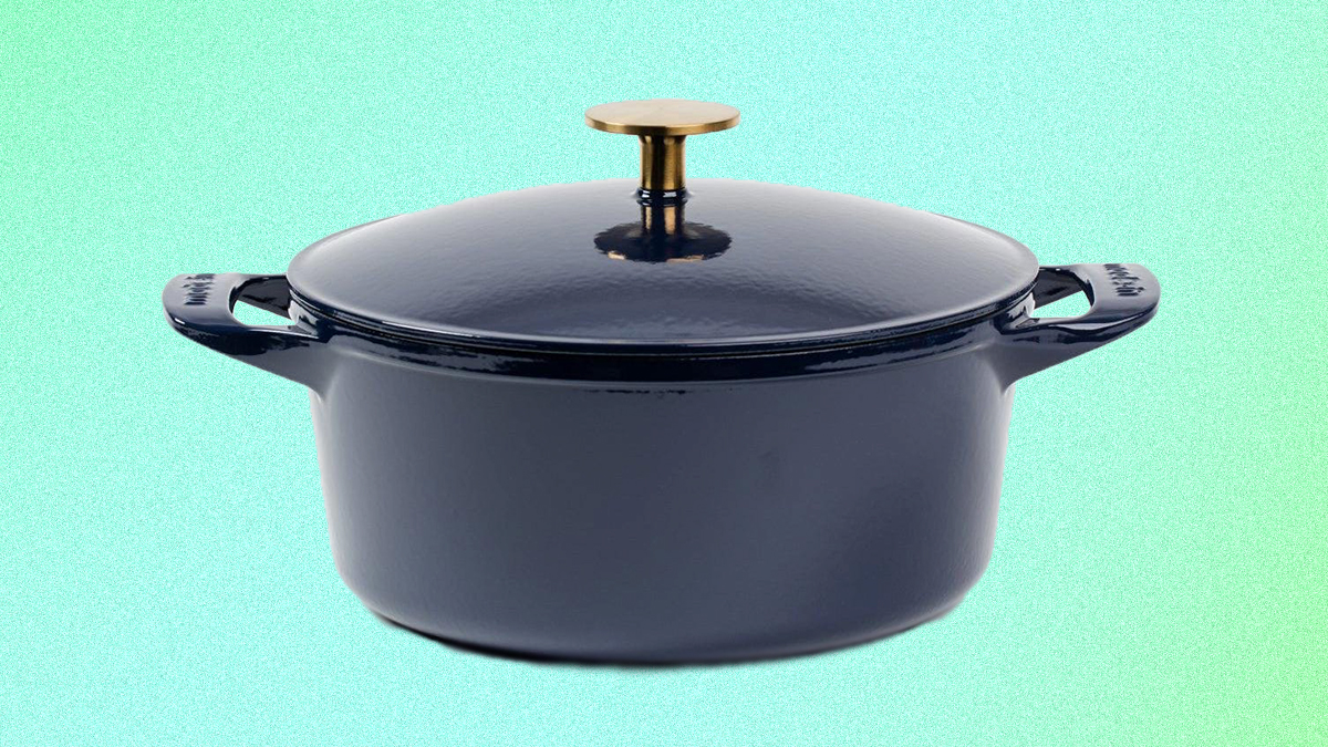 The new Enameled Cast Iron Dutch Oven from Made In, the cookware company based in Austin, Texas. This French-made pot comes in navy blue with a brass-colored knob on the lid.