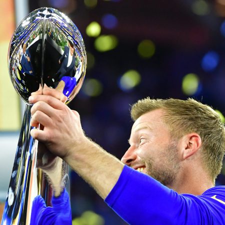 LA head coach Sean McVay holds up the Lombardi Trophy after winning Super Bowl LVI