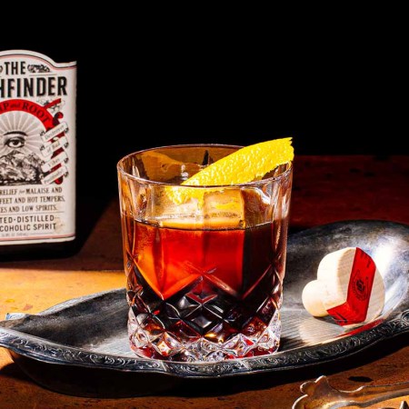 An Old Fashioned made from The Pathfinder, a n/a hemp spirit that actually works well in boozy cocktails